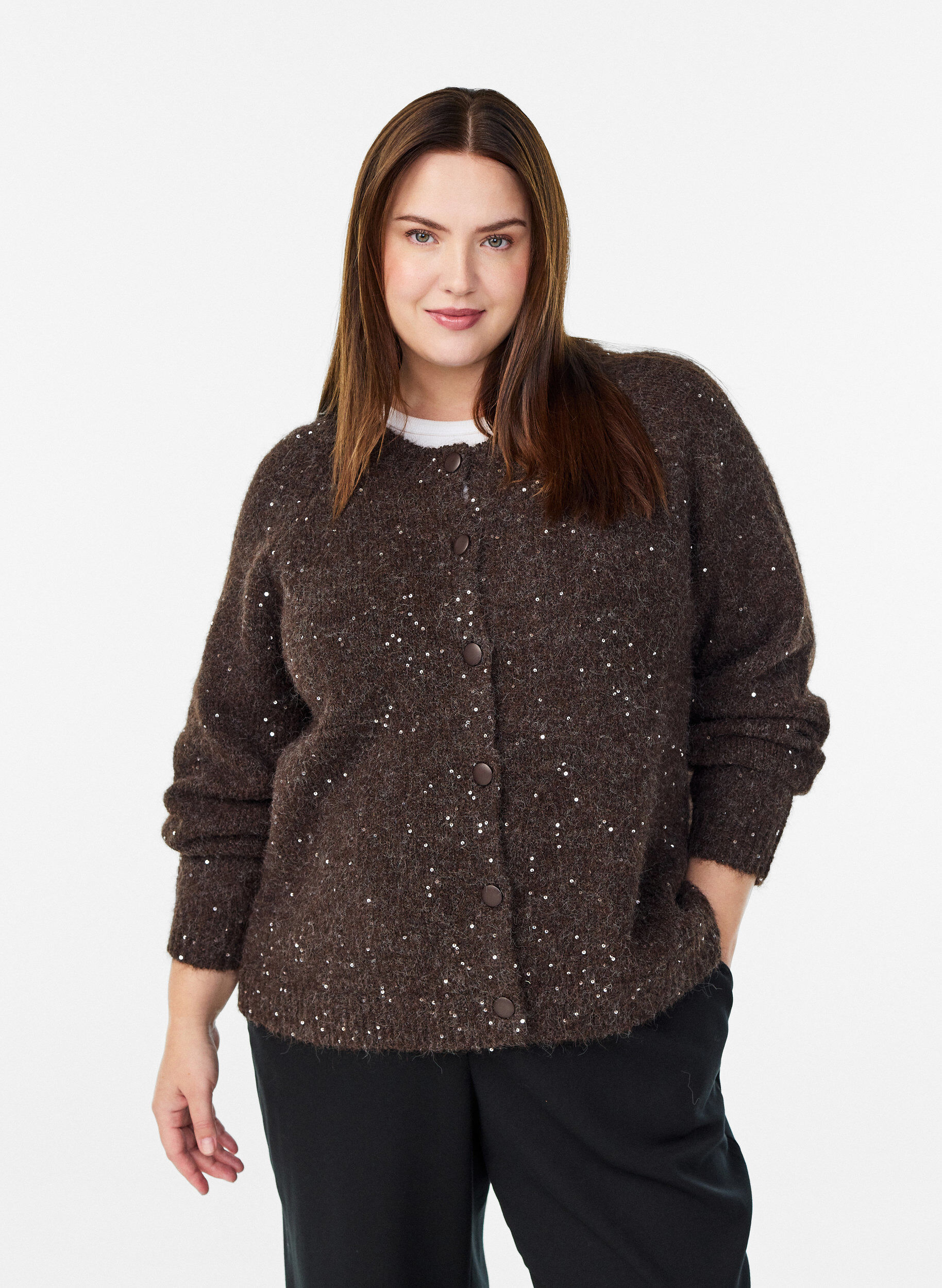 Zizzi Strickjacke mit Pailletten, Braun, Model image number 0