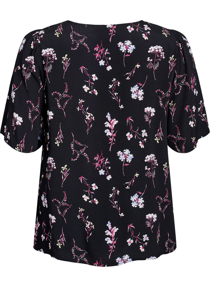 Gebl&uuml;mte Bluse mit kurzen &Auml;rmeln, Schwarz, Packshot image number 1