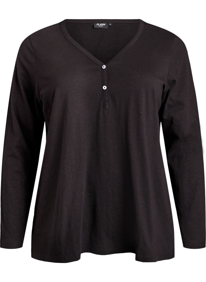 Langarmshirt mit V-Ausschnitt und Kn&ouml;pfen, Schwarz, Packshot image number 0