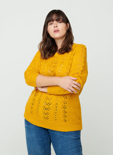 Strickpullover mit femininem Muster, Mineral Yellow, Model image number 0