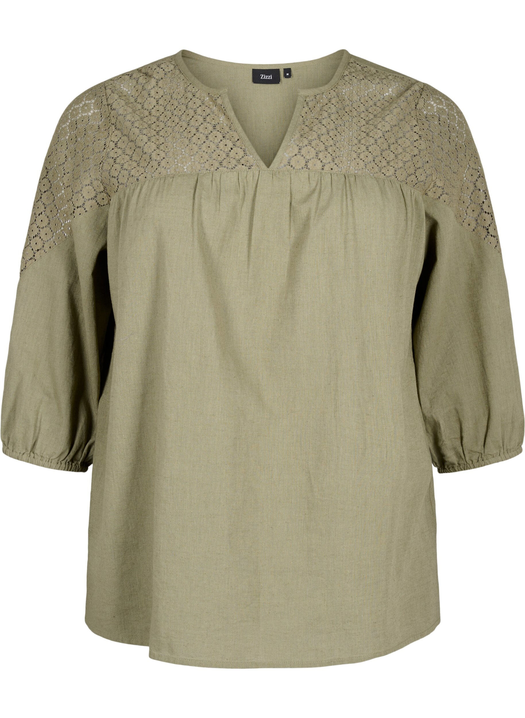 Zizzi Bluse aus Baumwollmischung mit Leinen und H&auml;keldetails, Deep Lichen Green, Packshot image number 0