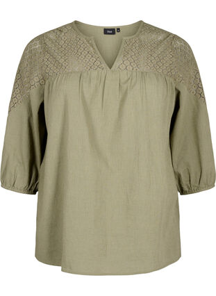 Bluse aus Baumwollmischung mit Leinen und Häkeldetails, Deep Lichen Green, Packshot image number 0