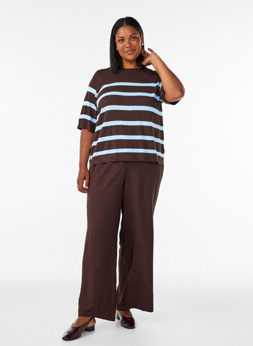 Gestreiftes Stricktop mit kurzen &Auml;rmeln, Braun, Model image number 1