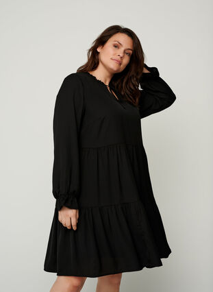 Kleid mit Falten und Binde-Detail, Black, Model image number 0