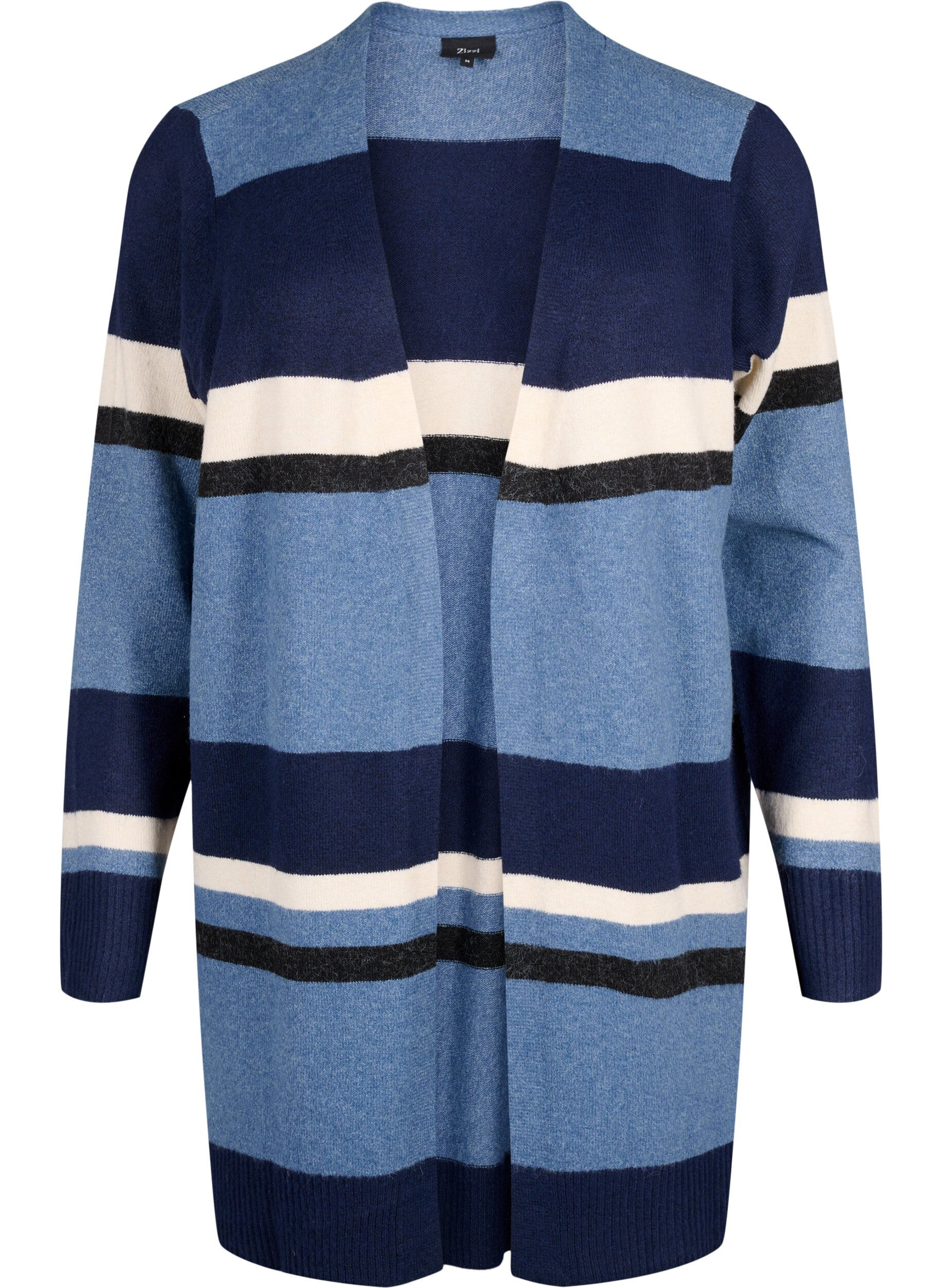Zizzi Lange Strickjacke mit breiten Streifen, Blau, Packshot image number 0