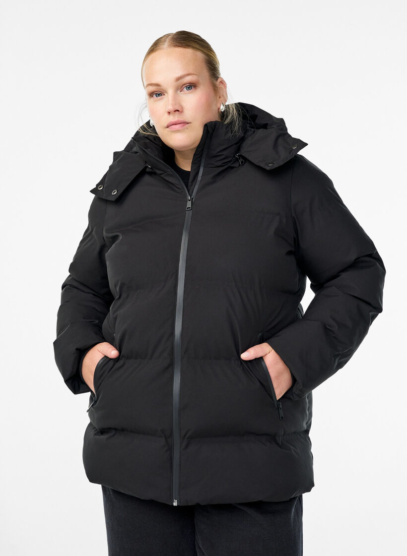 Kurze Steppjacke mit abnehmbarer Kapuze, Schwarz, Model image number 0