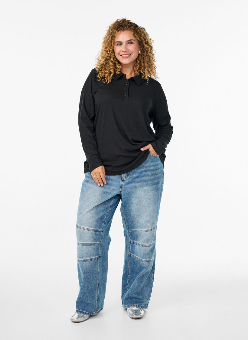 Langärmliges Poloshirt aus dehnbarem Rippmaterial, Schwarz, Model image number 1