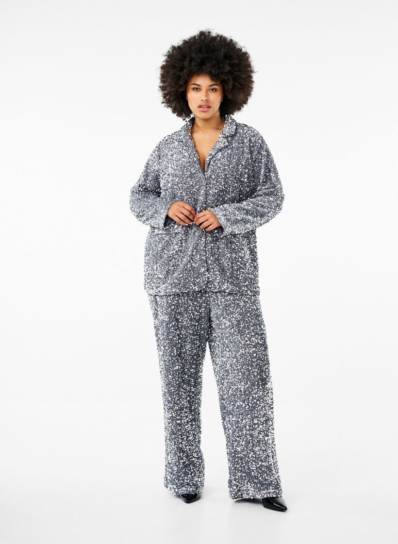 Lockere Paillettenhose mit hohem Taillensitz, Silver, Model image number 0