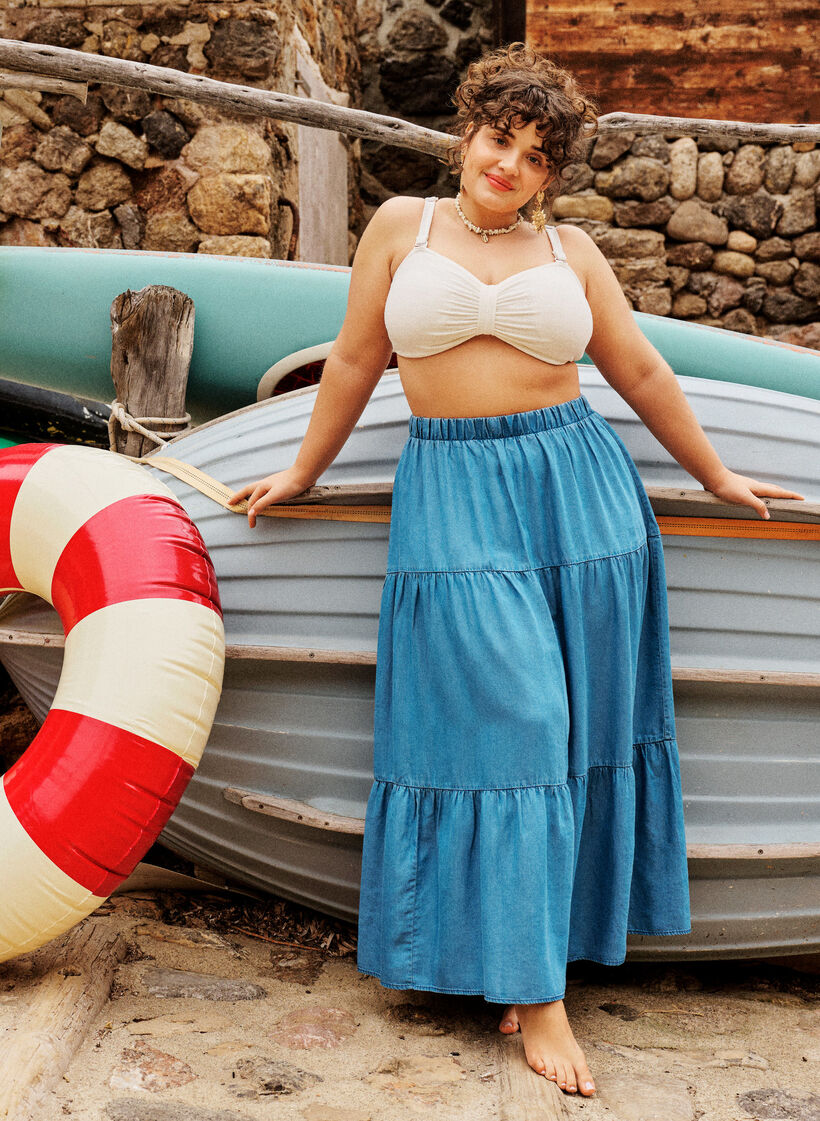 Maxirock aus Denim mit R&uuml;schen, Blau, Image image number 0