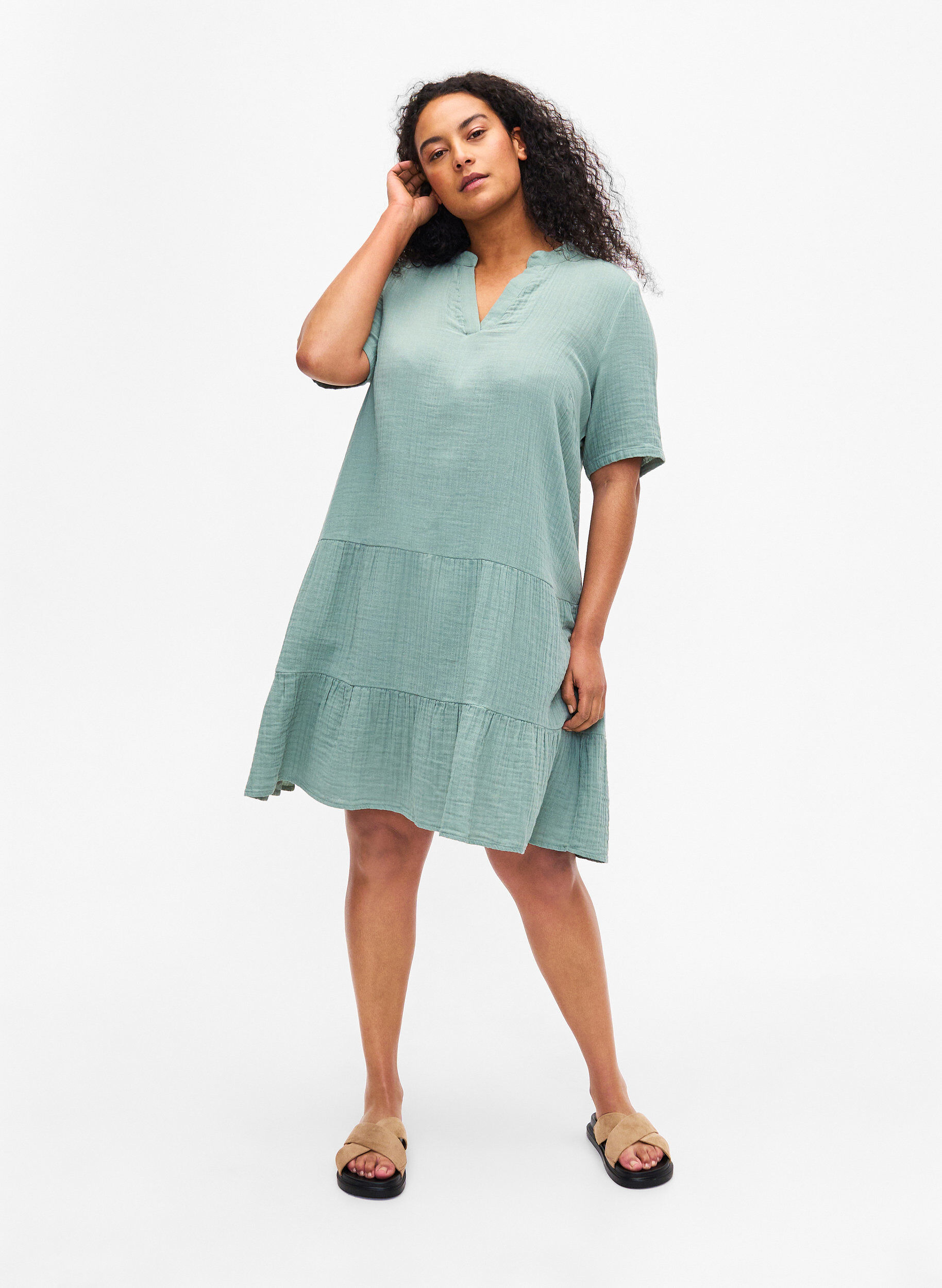 Zizzi Kurzarmkleid aus 100 % Baumwolle, Chinois Green, Model image number 2