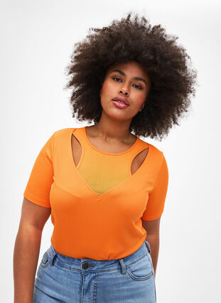 Eng anliegende Bluse mit V-Ausschnitt und Mesh-Detail, Vibrant Orange, Model image number 0