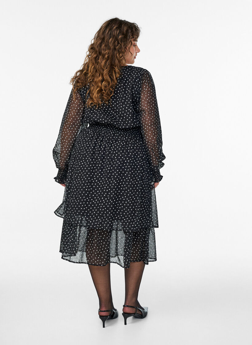 Midikleid aus Chiffon mit Punktmuster, Schwarz, Model image number 1