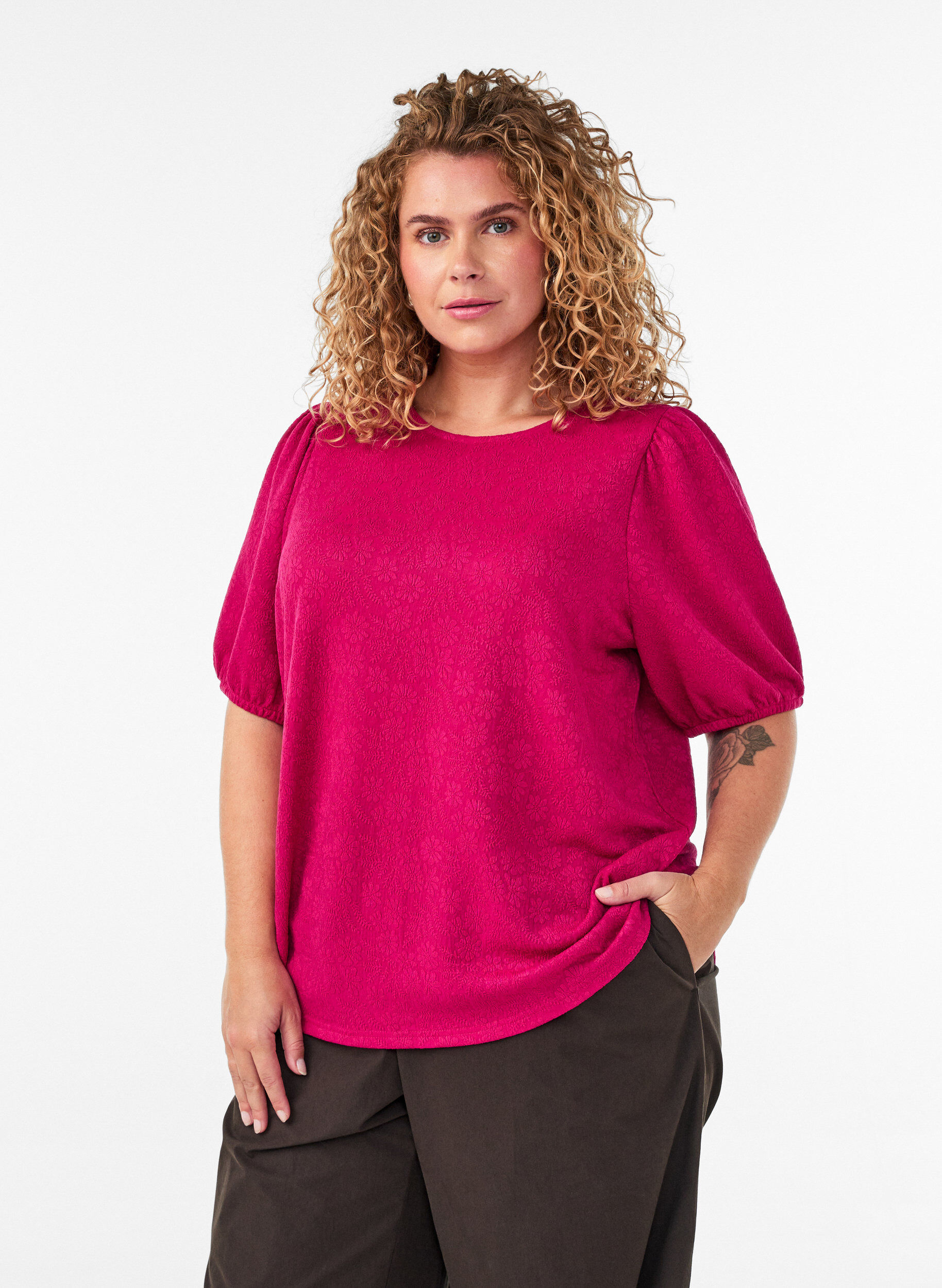ZizziBluse mit Struktur und kurzen &Auml;rmeln, Pink, Model image number 0