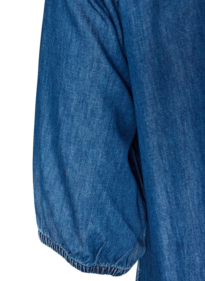 Maxikleid aus Denim mit ger&uuml;schten Stufen, Blau, Packshot image number 3
