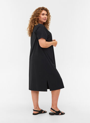 Kurzarm Kleid aus Baumwolle mit Schlitz, Black, Model image number 1