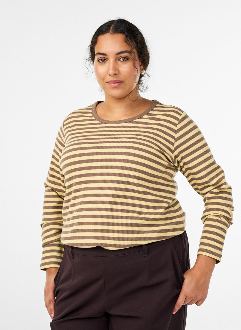 Gestreifte Bluse mit langen &Auml;rmeln, Braun, Model image number 0