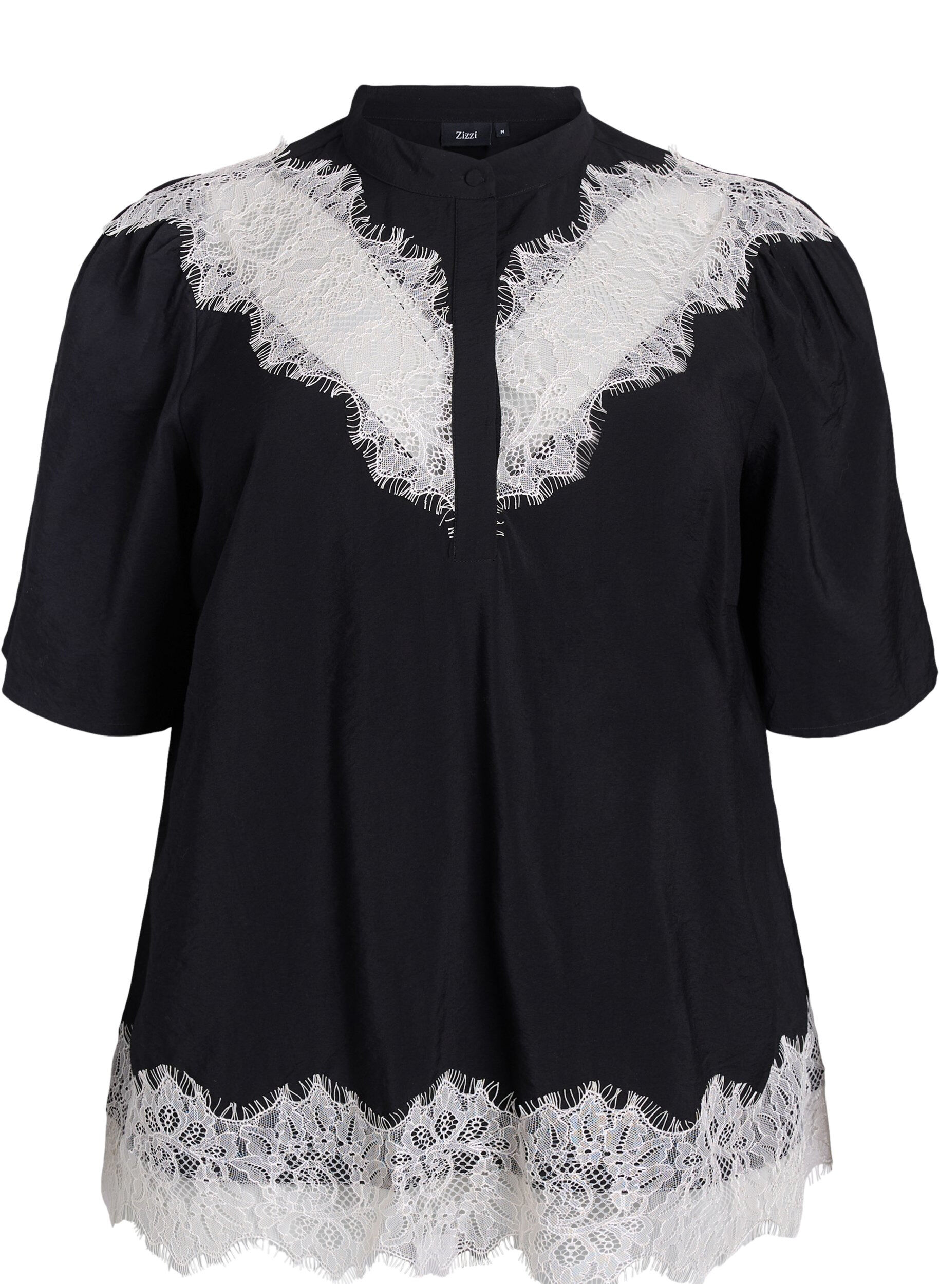 Zizzi Kurz&auml;rmeliges Bluse mit Spitzendetails, Schwarz, Packshot image number 0