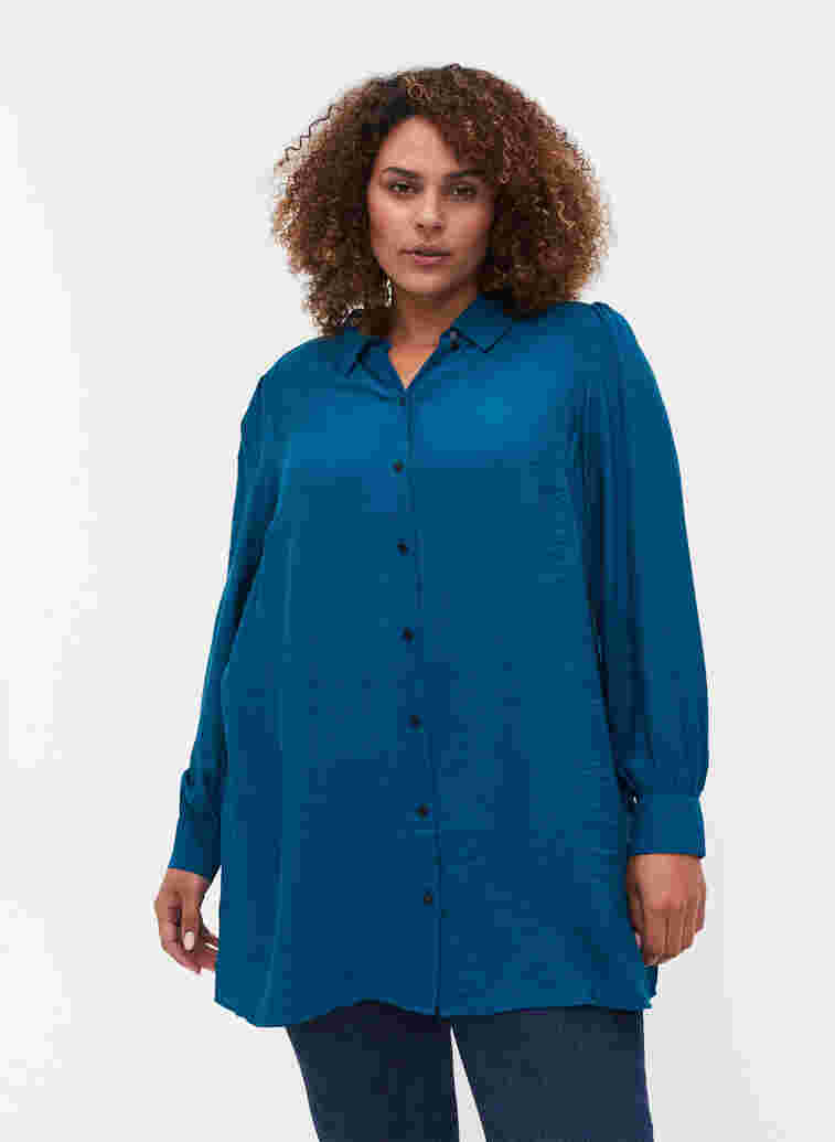 Lange einfarbige Hemdbluse aus Viskosemischung, Moroccan Blue, Model image number 0