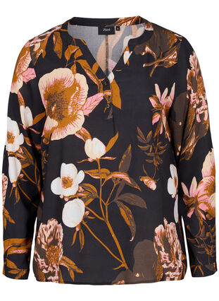 Bluse aus 100% Viskose mit Blumendruck, Black Flower AOP, Packshot image number 0