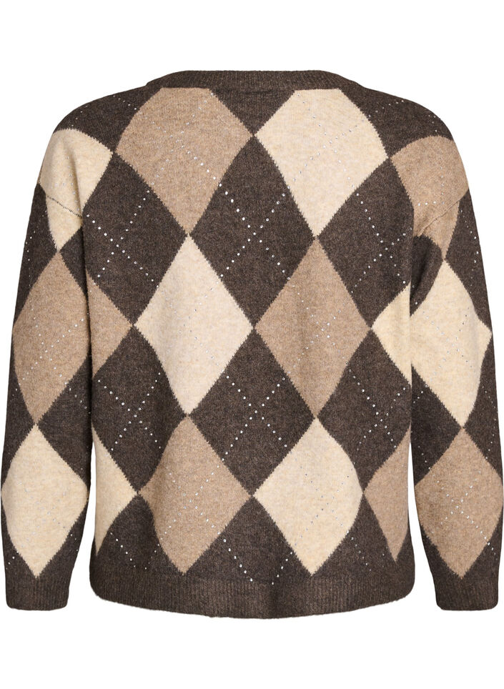 Argyle-Strickjacke mit Strasssteinen, Braun, Packshot image number 1