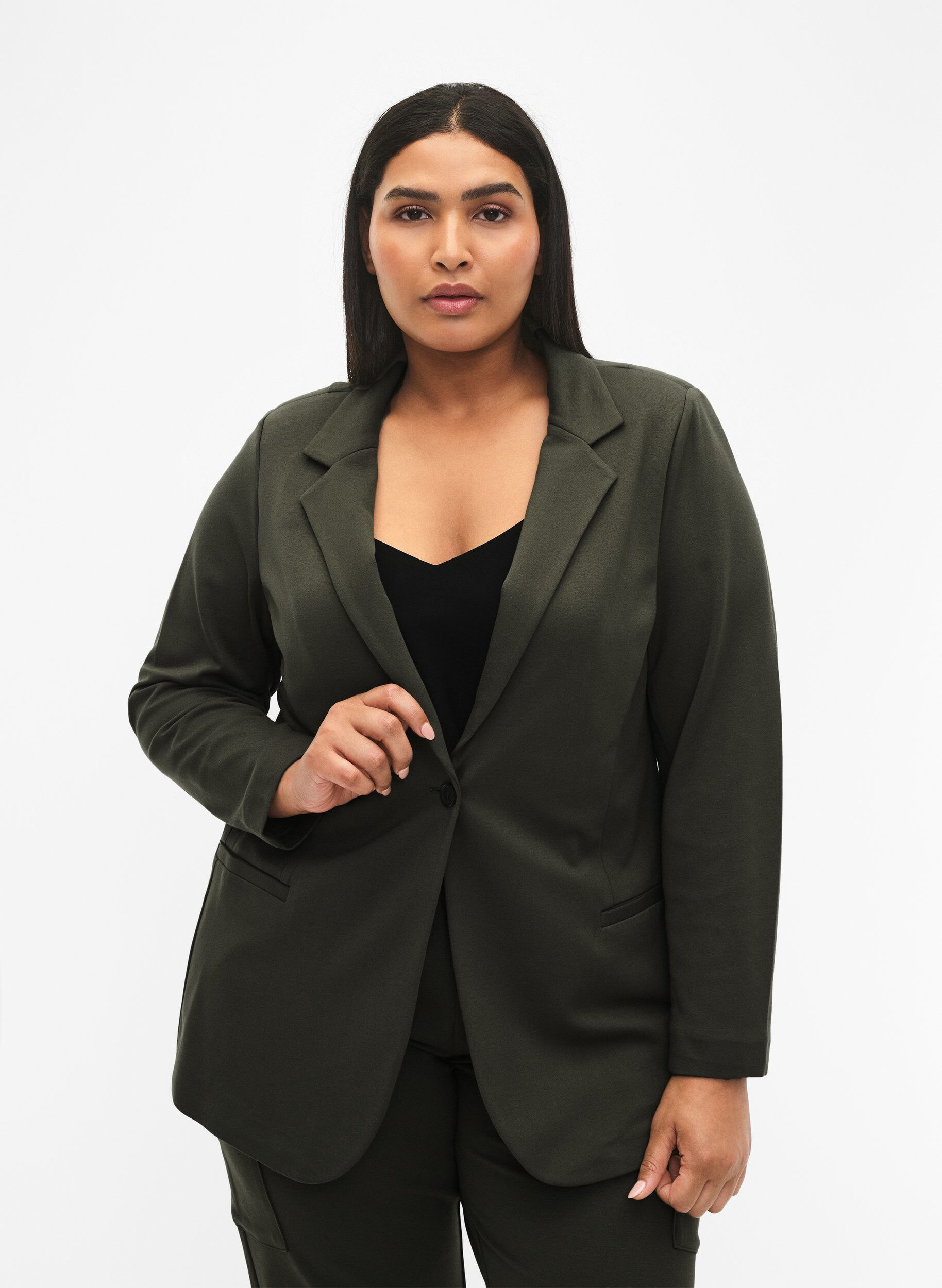 Zizzi Schlichter Blazer mit Knopfverschluss, Gr&uuml;n, Model image number 0