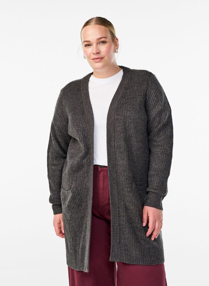 FLASH - Lange Rippstrickjacke mit Taschen, Grau, Model image number 0