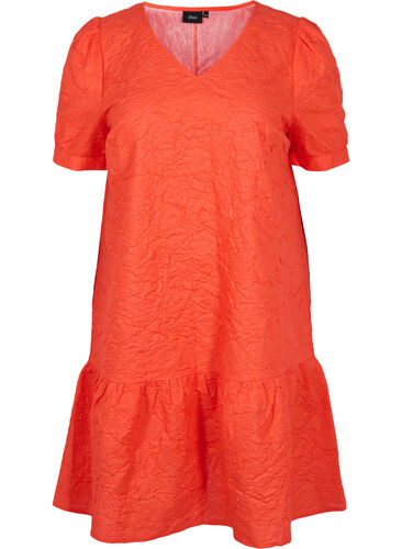 Strukturiertes Kleid mit kurzen Puffärmeln, Mandarin Red, Packshot image number 0