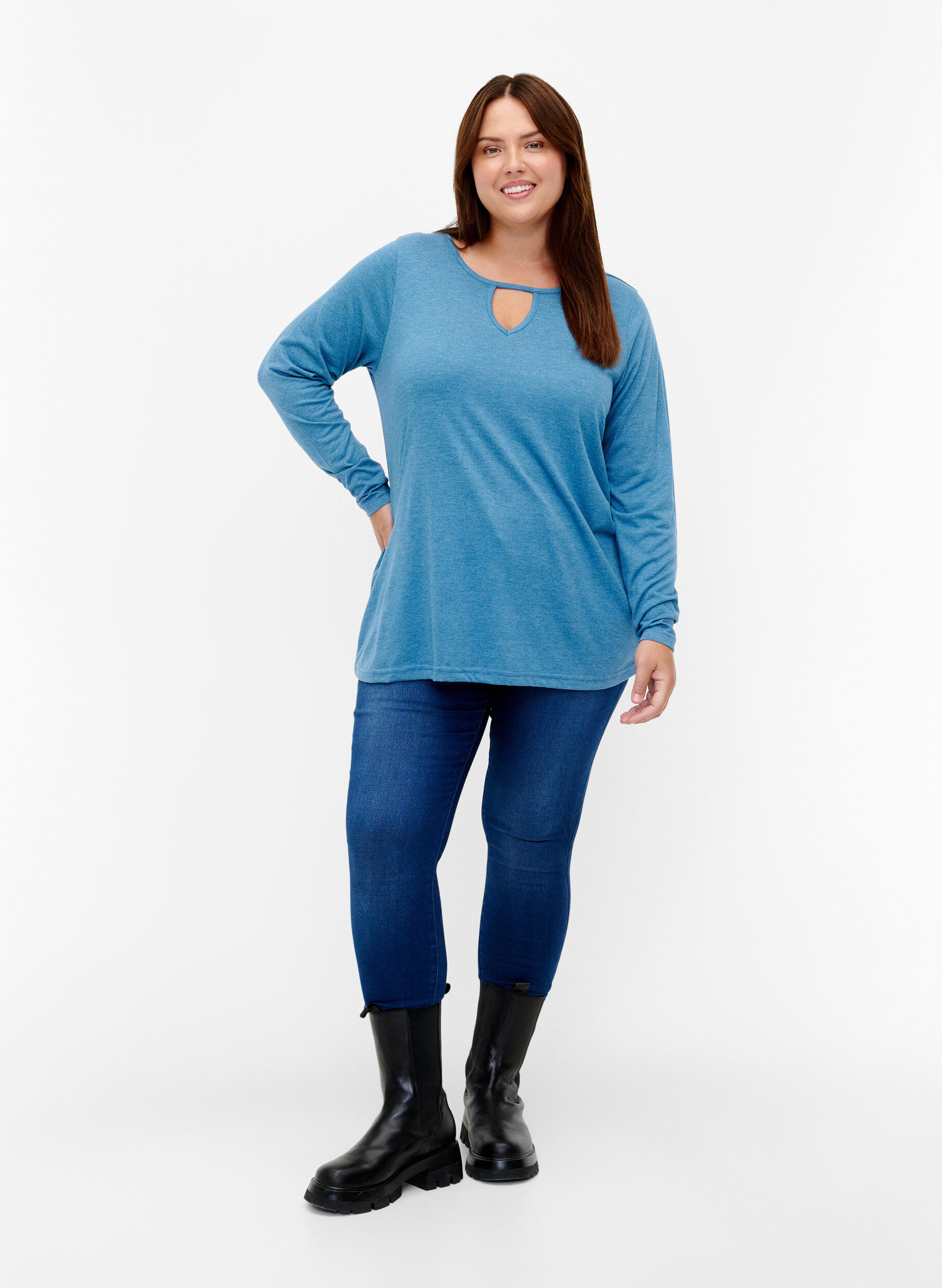 Zizzi Melange-Bluse mit langen &Auml;rmeln, Legion Blue Mel., Model image number 2