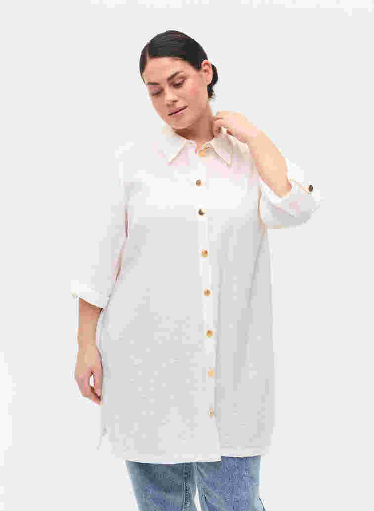 Lange Hemdbluse mit 3/4-Ärmel, Bright White, Model image number 0