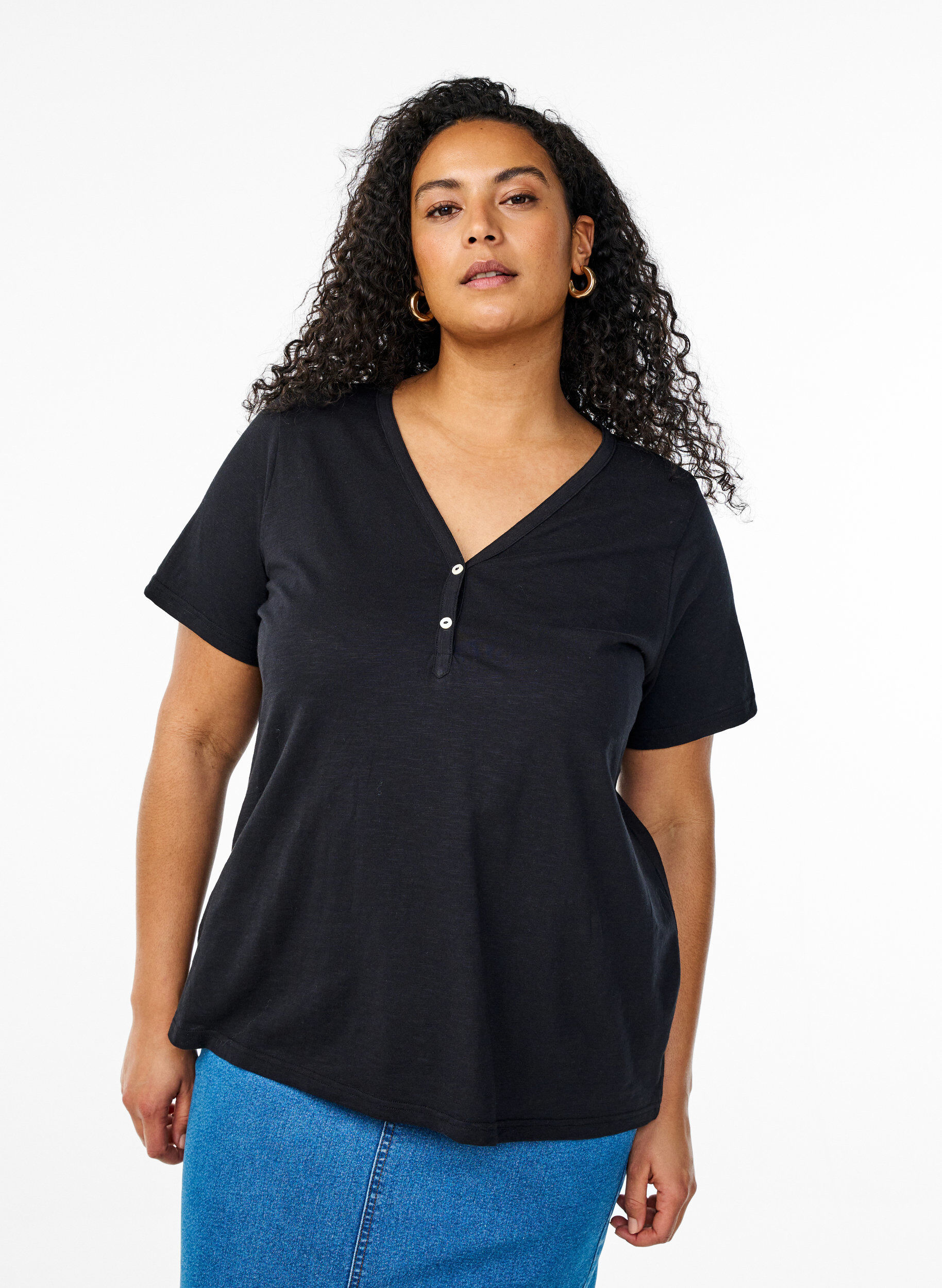 Zizzi FLASH - T-Shirt mit Knopfleiste, Schwarz, Model image number 0