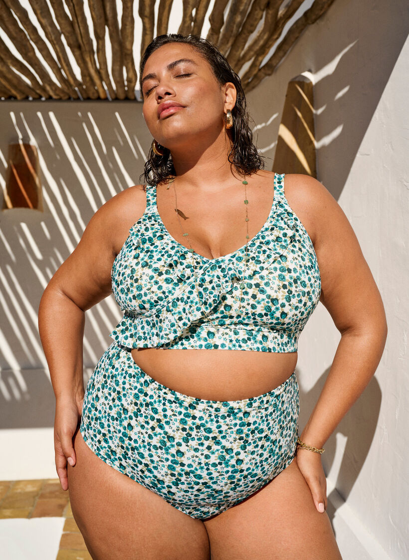 Geblümtes Bikinioberteil mit Rüschendetails, Grün, Image image number 0