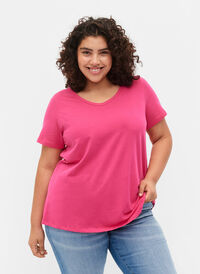 Einfarbiges basic T-Shirt aus Baumwolle, Beetroot Purple, Model