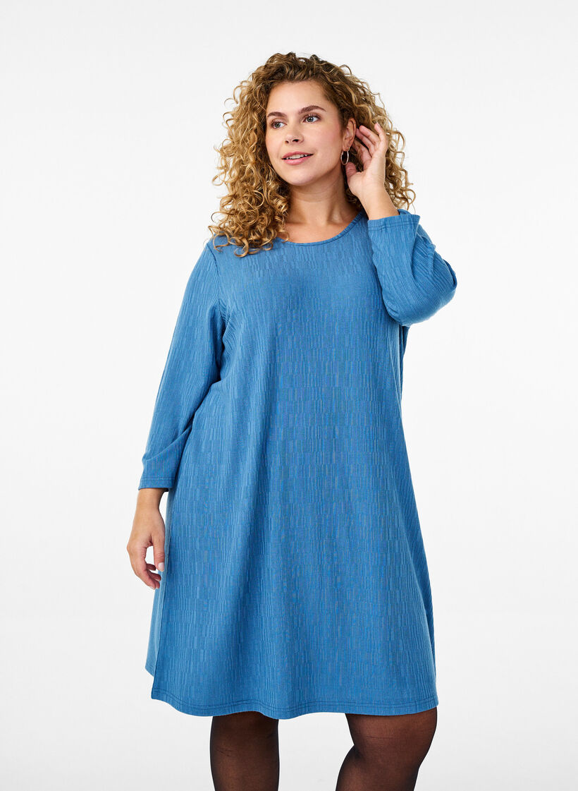 Kleid mit Struktur und 3/4-Ärmeln, Blau, Model image number 0