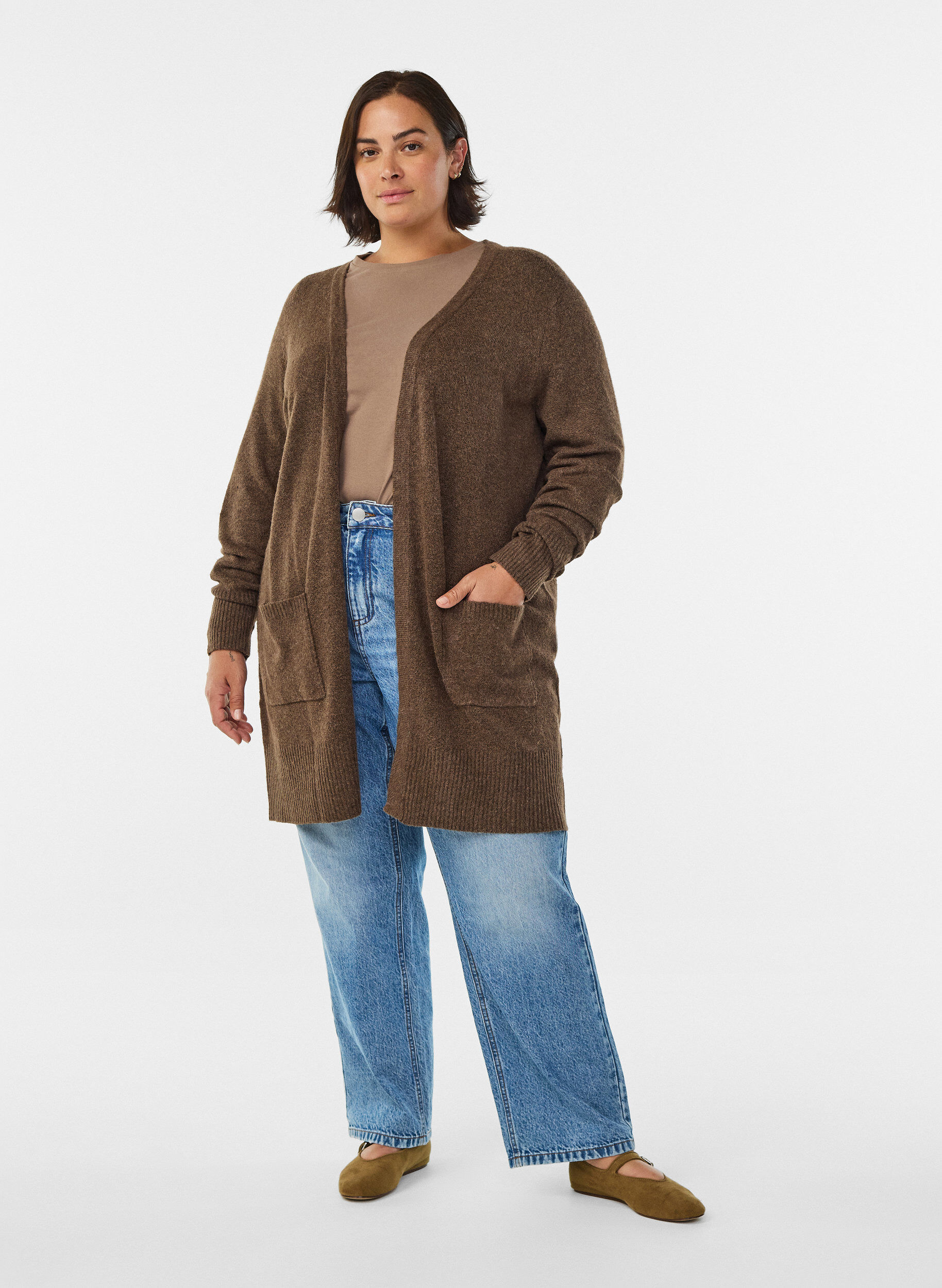 ZizziStrickjacke mit Rippenstrick und Taschen, Braun, Model image number 1