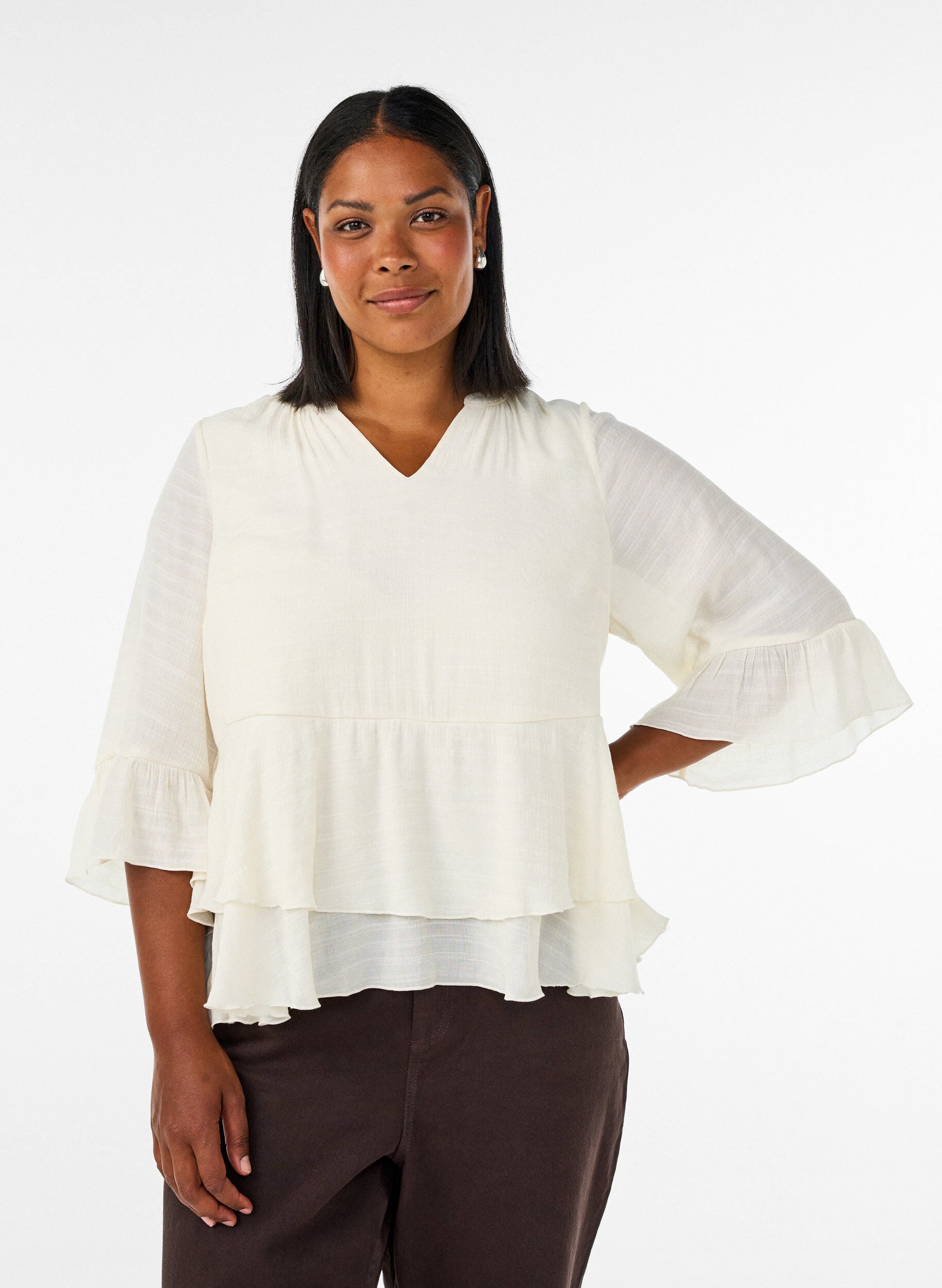 Bluse mit 3/4-&Auml;rmeln und R&uuml;schendetails, Vanille, Model