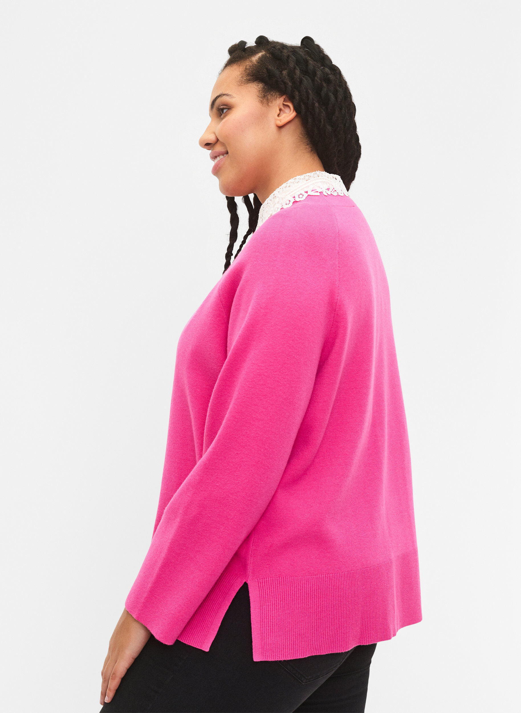 Zizzi Pullover aus Viskosemischung mit Seitenschlitz	, Raspberry Rose, Model image number 1