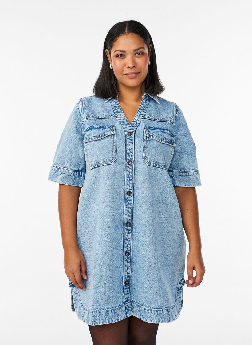 Kurz&auml;rmeliges Denimkleid mit Kragen und Knopfleiste, Blau, Model image number 0