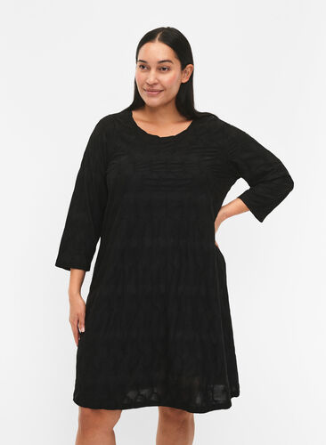 FLASH - Kleid mit Textur und 3/4 Ärmeln, Black, Model image number 0