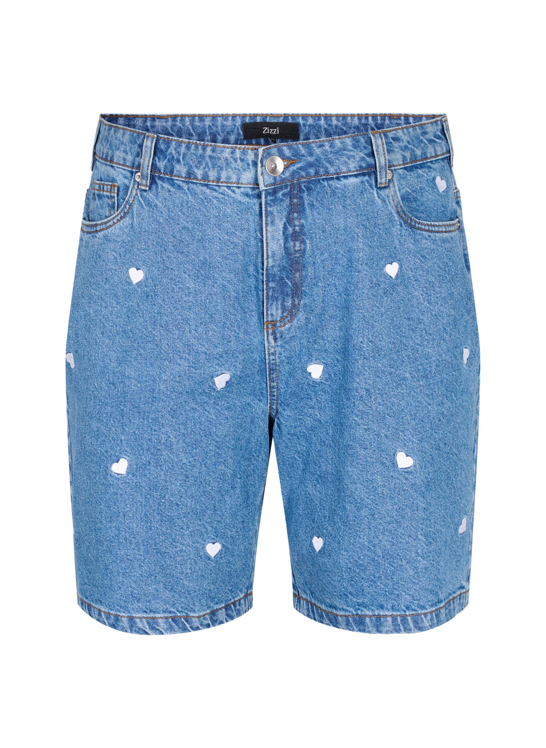 Zizzi Denim-Shorts mit hoher Taille und mit Herzen bestickt, Blau, Packshot image number 0
