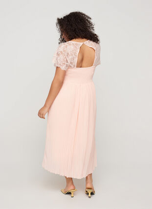 Kurzarm Plissee-Kleid mit Spitze und Smock, Rose Smoke, Model image number 1