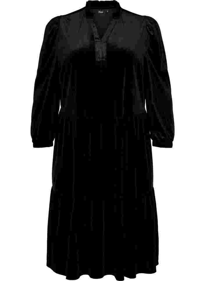 Kleid aus Velours mit Rüschenkragen und 3/4-Ärmeln, Black, Packshot image number 0
