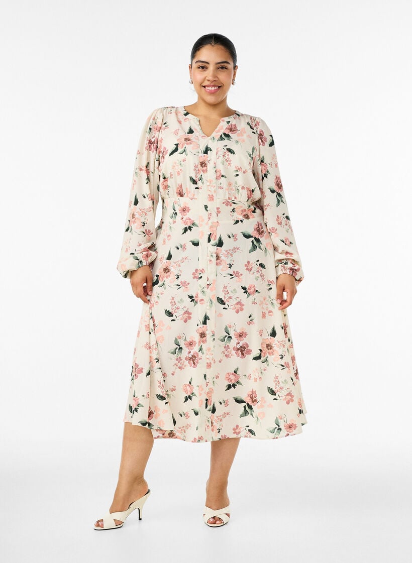Midikleid mit Smock und Zierkn&ouml;pfen, Beige, Model image number 0