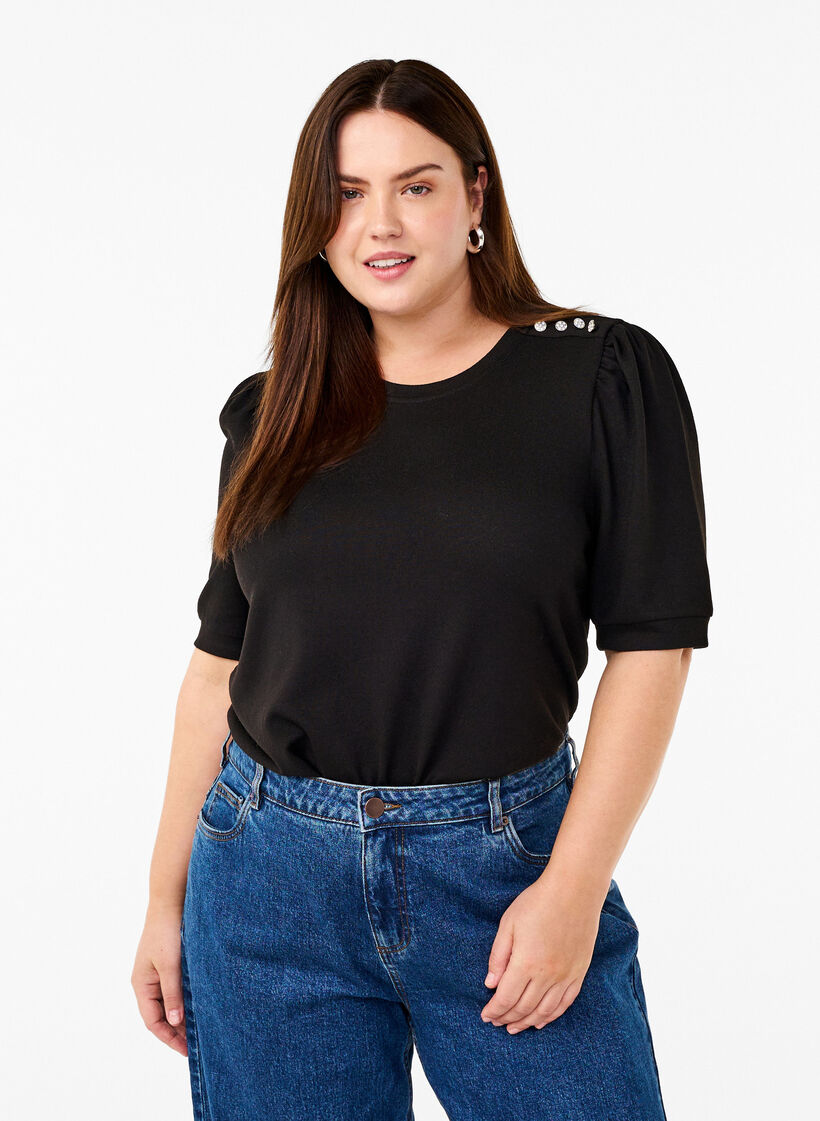 Bluse mit Knopfdetail und kurzen Puffärmeln, Schwarz, Model image number 0