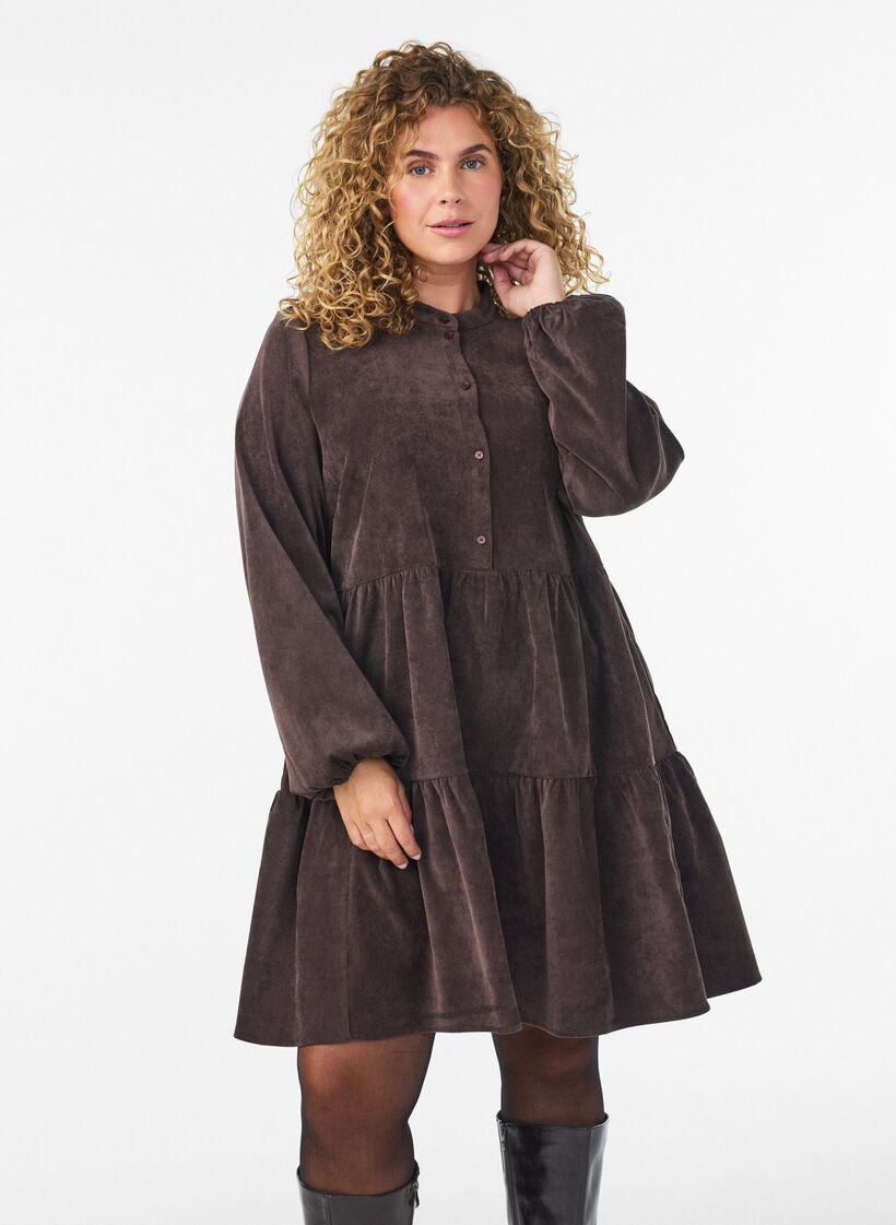 Cordkleid in A-Linie mit Stehkragen, Braun, Model image number 0