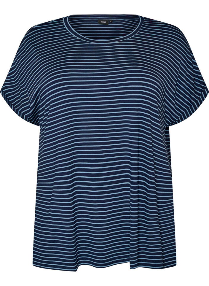 Gestreiftes T-Shirt aus Viskose mit Rundhalsausschnitt, Blau, Packshot image number 0