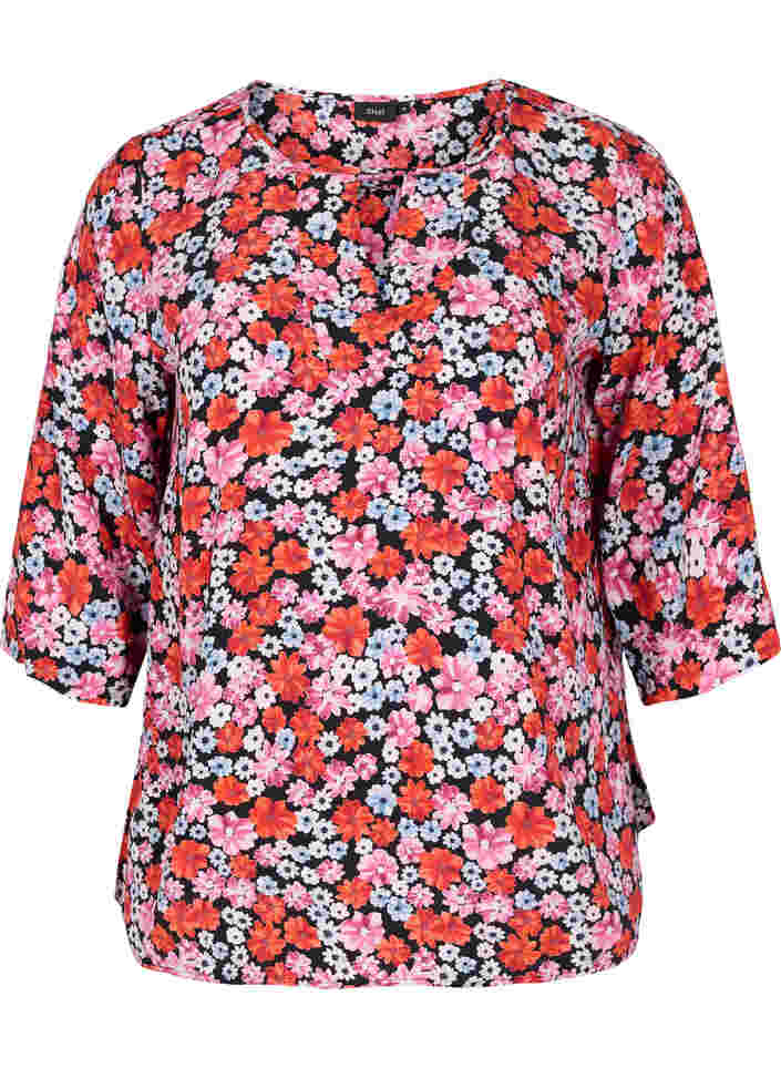 Bluse mit 3/4-Ärmeln und Blumenprint, Red Flower AOP, Packshot image number 0