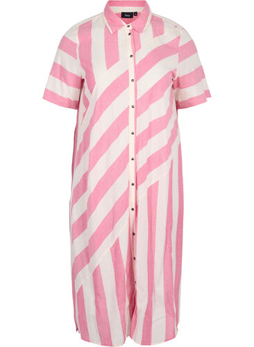Kurzärmeliges Hemdkleid aus Baumwolle mit Streifen, Magenta Stripe, Packshot image number 0