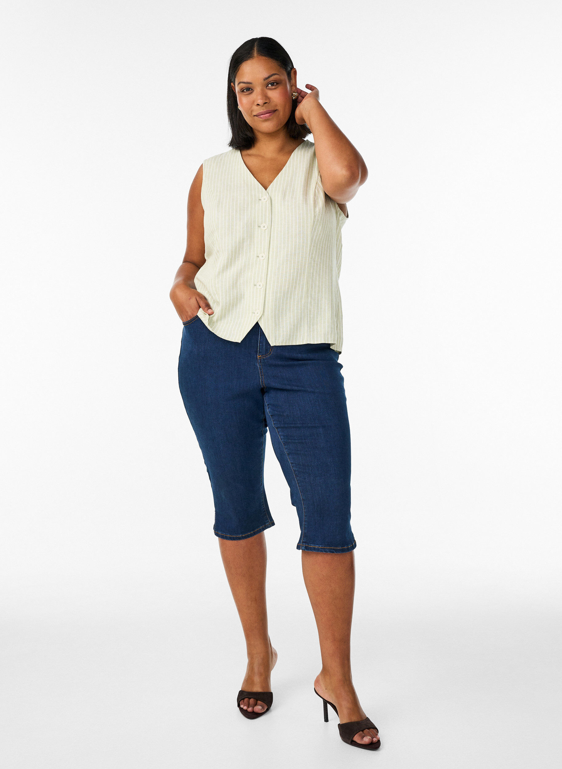 ZizziGestreifte Weste aus Leinen und Viskose, Gr&uuml;n, Model image number 1