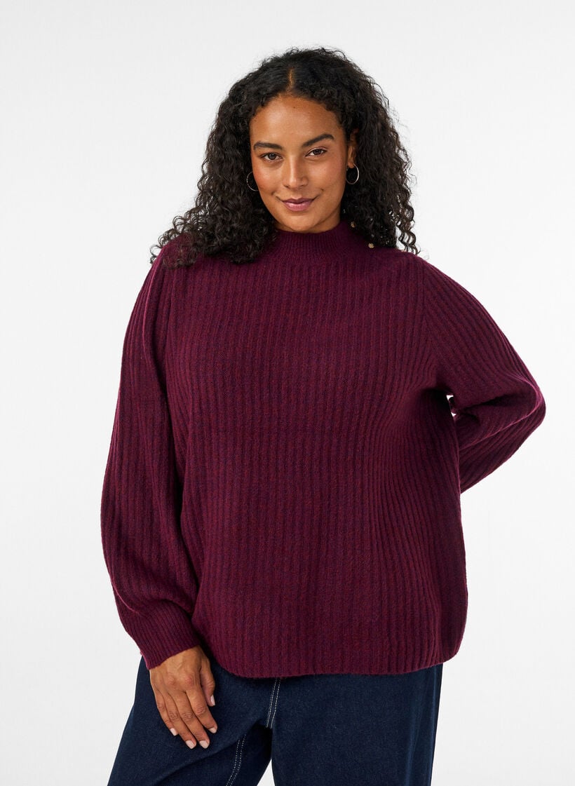 Pullover aus Rippstrick mit Puff&auml;rmeln und Kn&ouml;pfen, Dunkles Bordeaux, Model image number 0