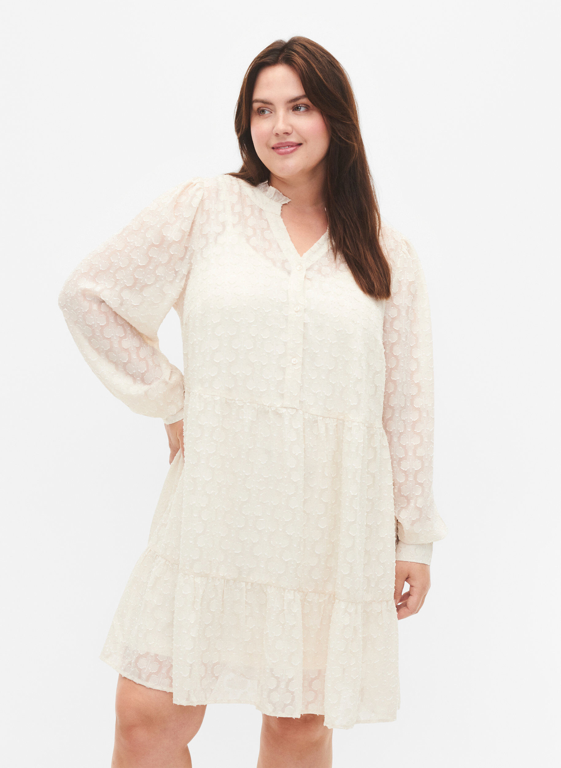 Zizzi Jacquard-Kleid mit R&uuml;schenkragen, Birch, Model image number 0